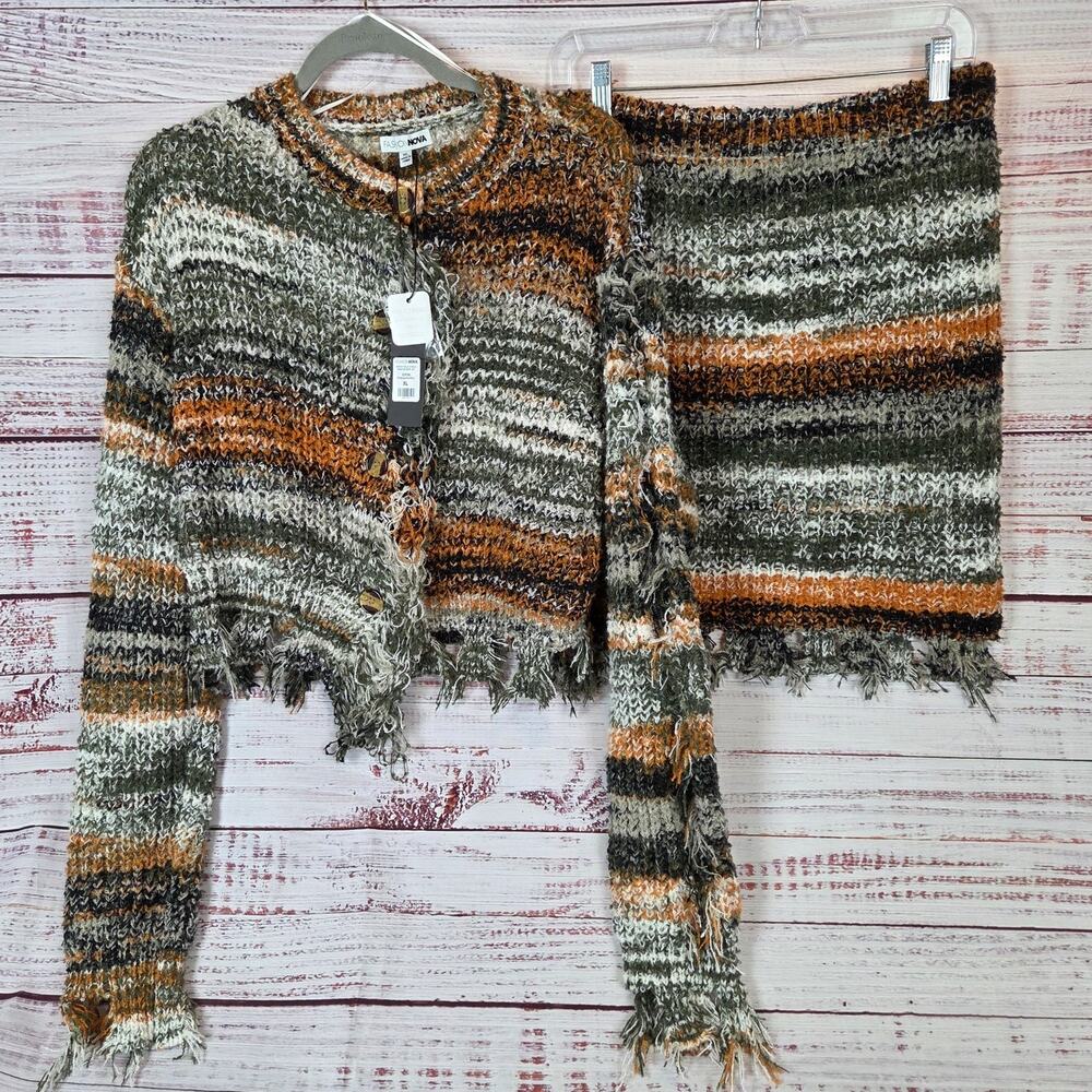 Winter Warm Edgy Cozy Knit Sweater Skirt Set XL Boho Fringe Fairy Grunge Art NWT